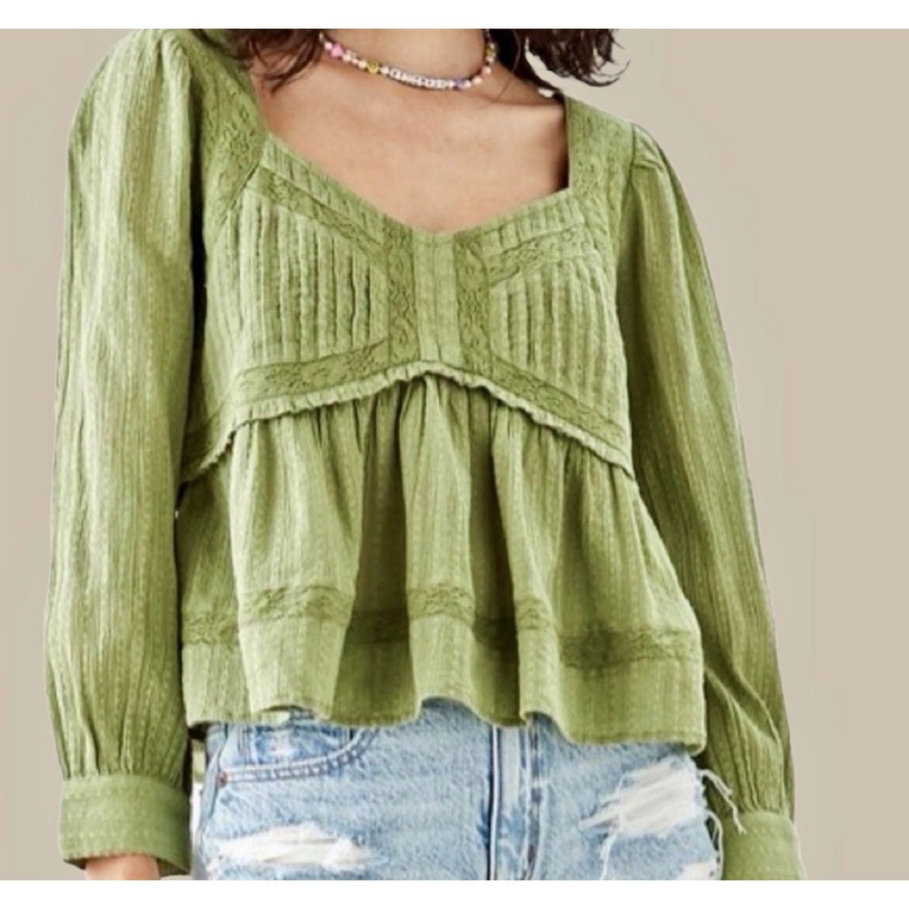 American Eagle Babydoll Peasant Top Size S Green Cotton Boho Cottage Fairycore